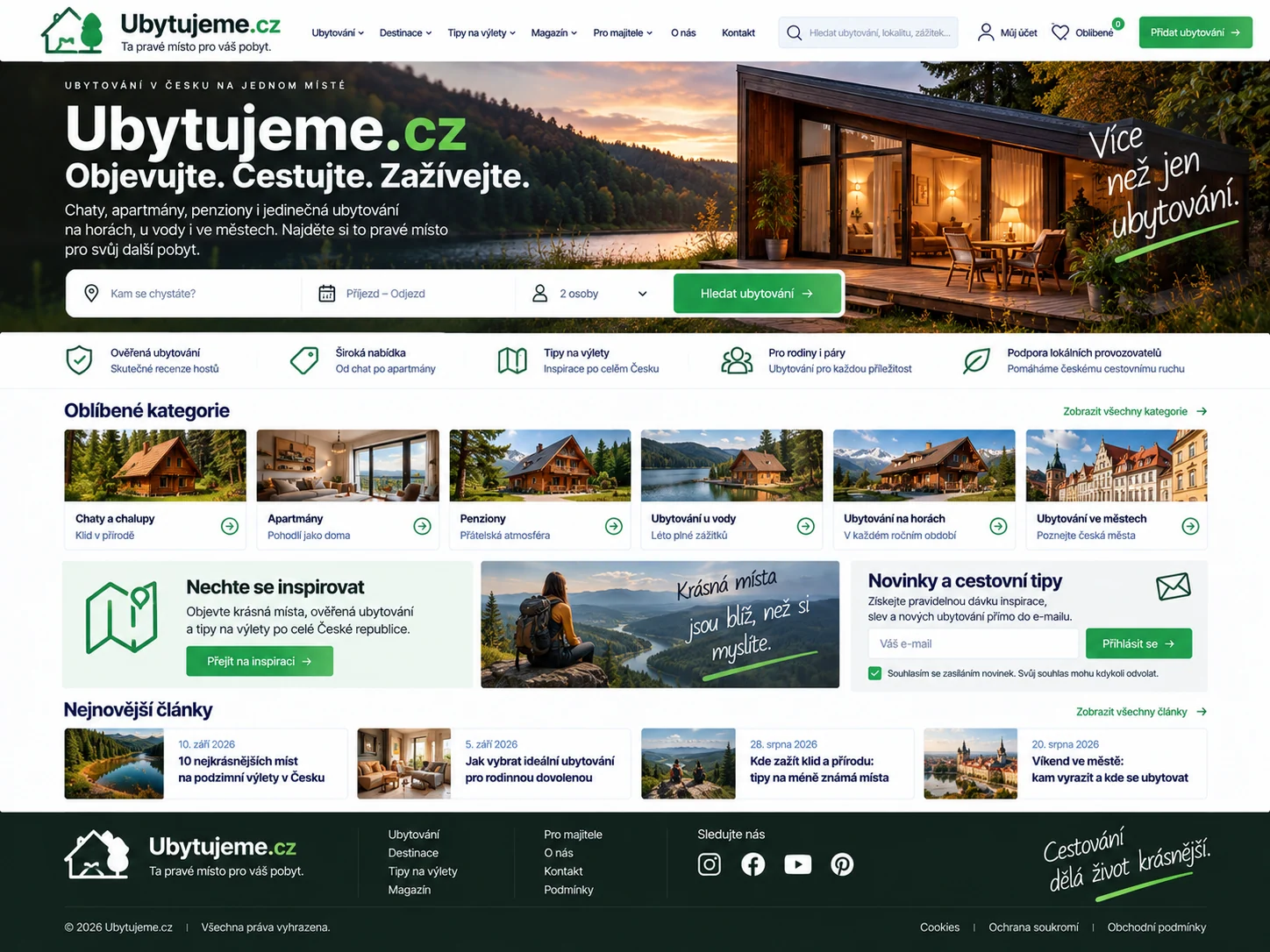 Ilustrační návrh portálu Ubytujeme.cz s nabídkou chat, apartmánů a penzionů